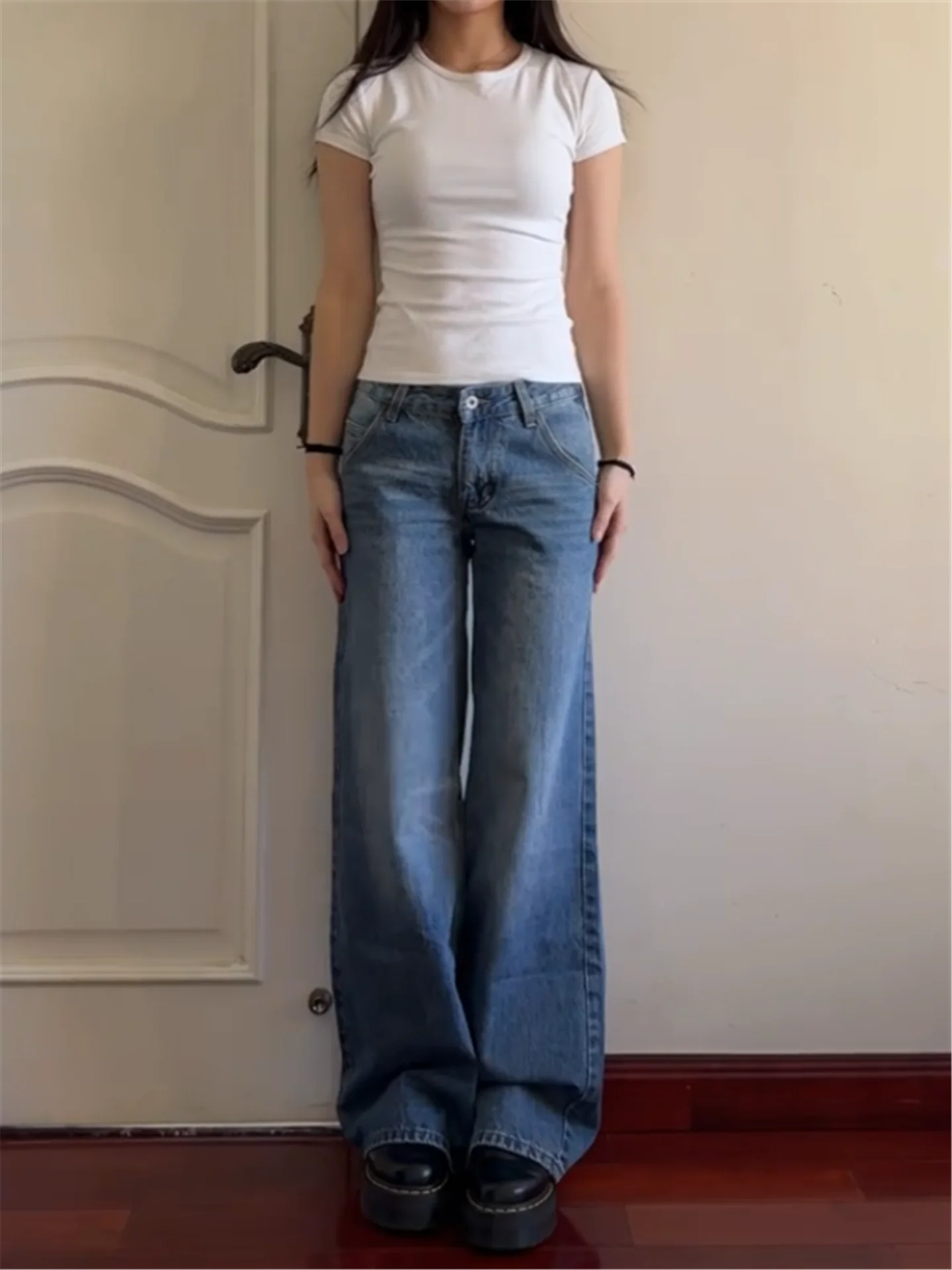 

Extended Size High Waist Straight Leg Blue Jeans Women's Loose Slimming Long Legged Trousers Casual Cotton Denim Spring Fashion