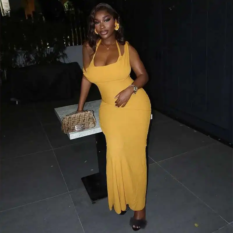 

Women's Fashion 2025 Summer New Sexy Sleeveless Halter Neck Bodycon Dress African 2025 Summer Dress Robe Vestido Women Elegant