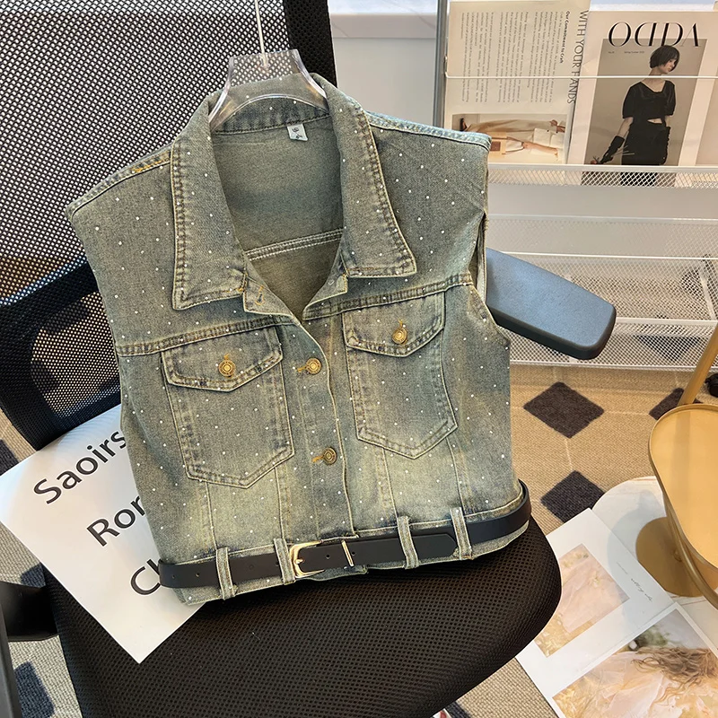 

Sweet Cool Spicy Girl Diamond Denim Vest Women's Summer Autumn Design Retro Turn-down Collar Sleeveless Loose Cowboy Coat