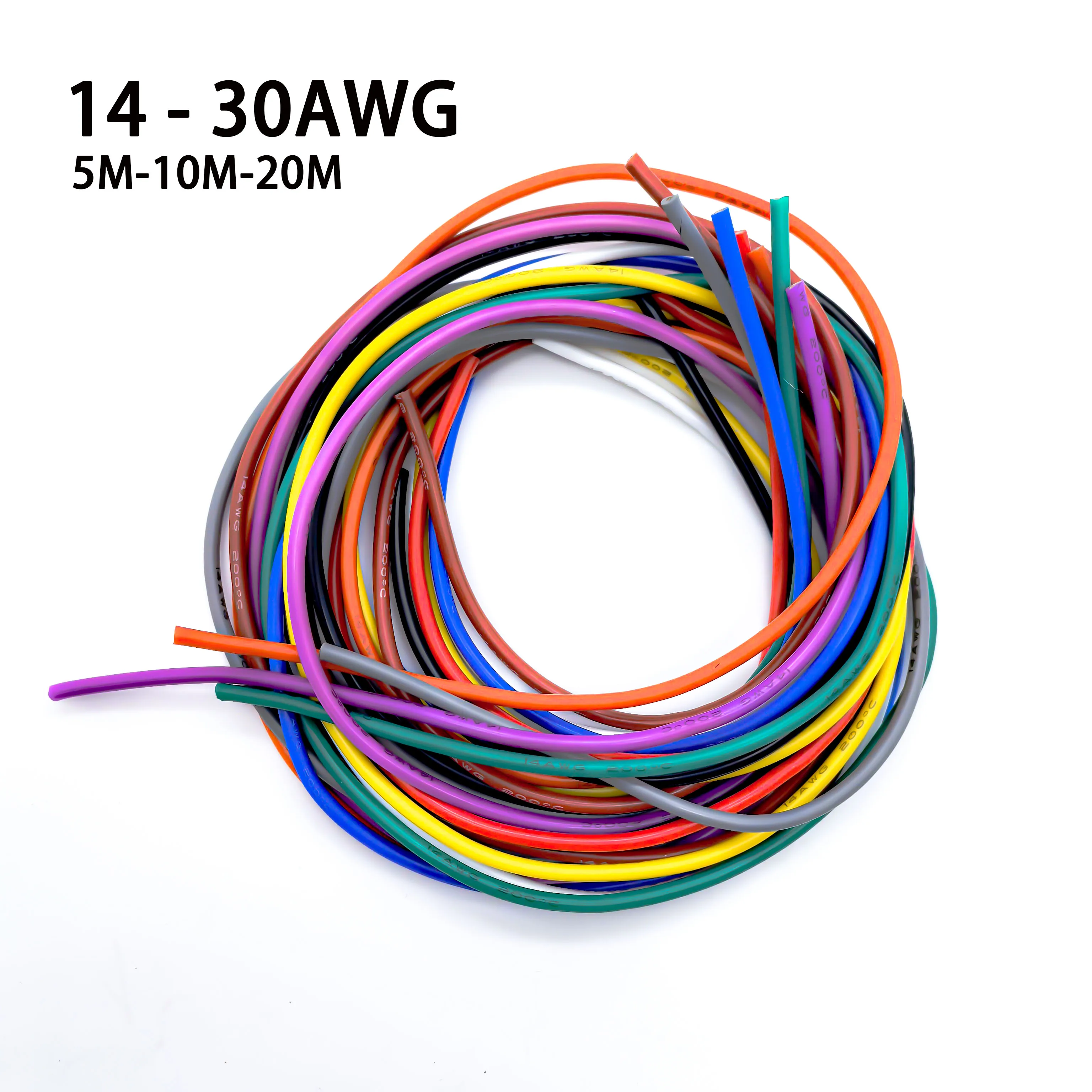 Alambre de silicona con diez colores de rojo, negro, blanco, amarillo, azul, verde, morado, marrón, naranja, gris, 16-30AWG, 16,4-164 pies