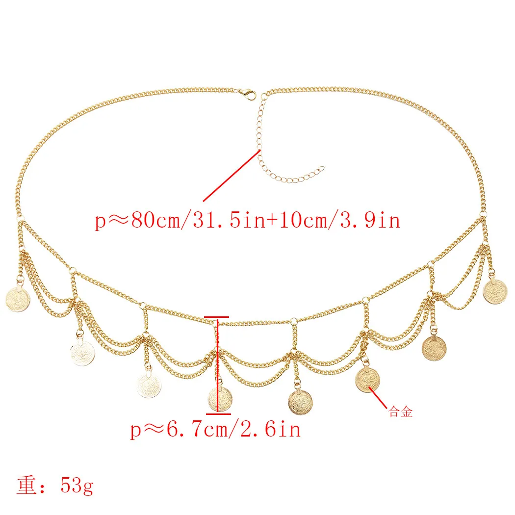 Simple, stylish and personalized alloy chain tassel coin women's waist chain, design jewelry, daily versatile