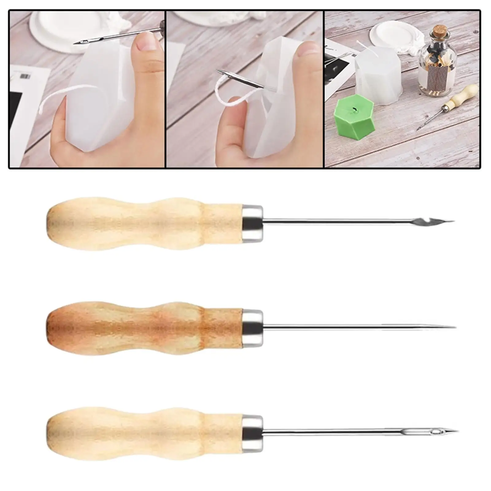 3x Sewing Awl Sewing Tools Wood Handle Punch Hole Punching Scratch Awls Needle for DIY Handmade Canvas Leather Craft