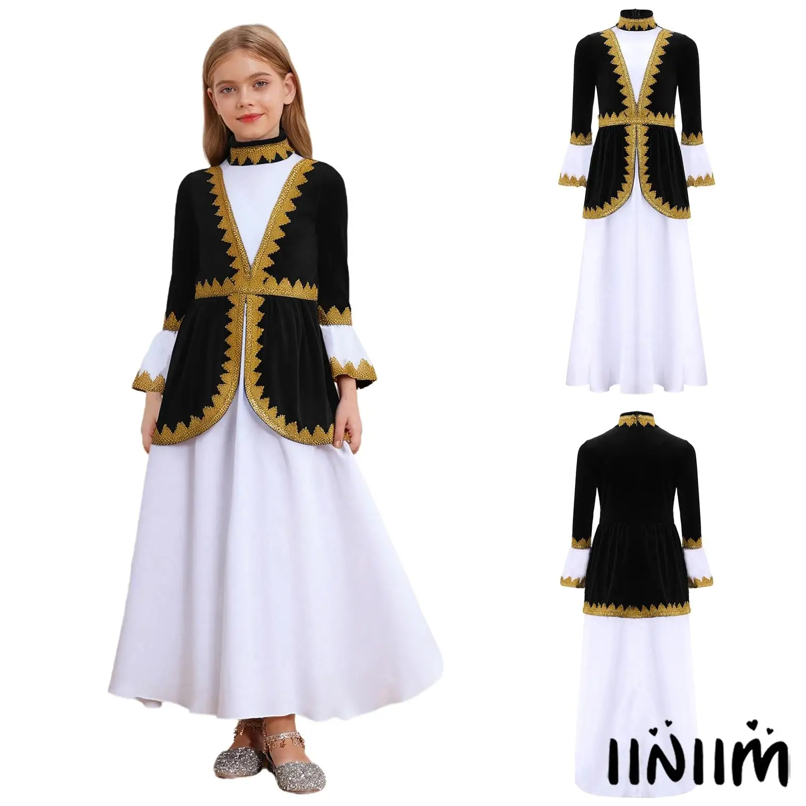 

Kids Girls Royal Aristocratic Costumes Princess Dresses Gold Webbing Patchwork Long Flare Sleeves for Halloween Cosplay Dress Up
