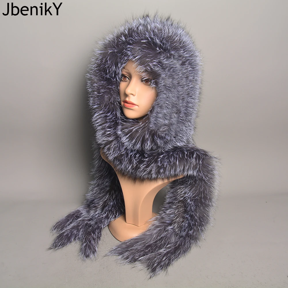 New Winter Women 100% Natural Fox Fur Hats&Scarves Lady Warm Fluffy Real Fox Fur Hat&Scarf Luxury Knit Genuine Fur Caps&Mufflers