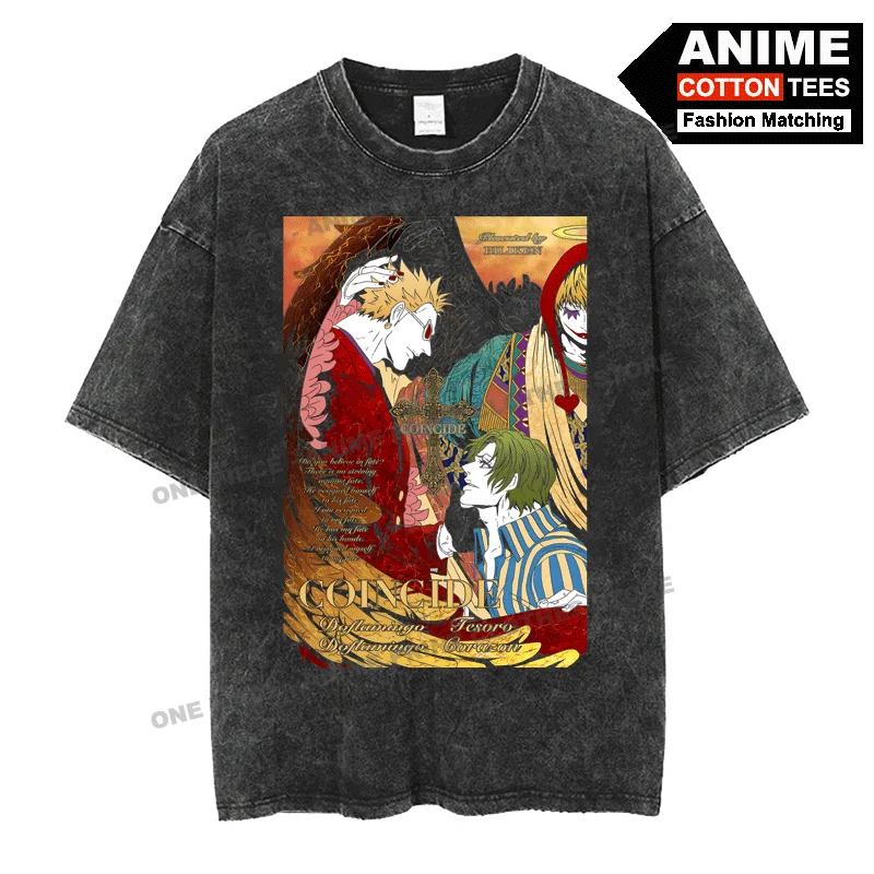 

Anime Peripheral Clothing ONE PIECE -Donquixote Doflamingo & Rosinan Print T Shirt y2k Street Men Women Short Sleeve Tees COTTON