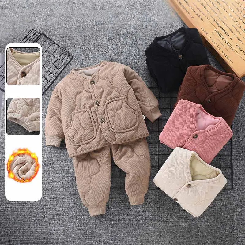 2024 Children\'s Winter Thickened Two Piece Boys Solid Color Warm Set Girls Autumn New Cotton Casual Buttons Sports Suit 2-6 Year