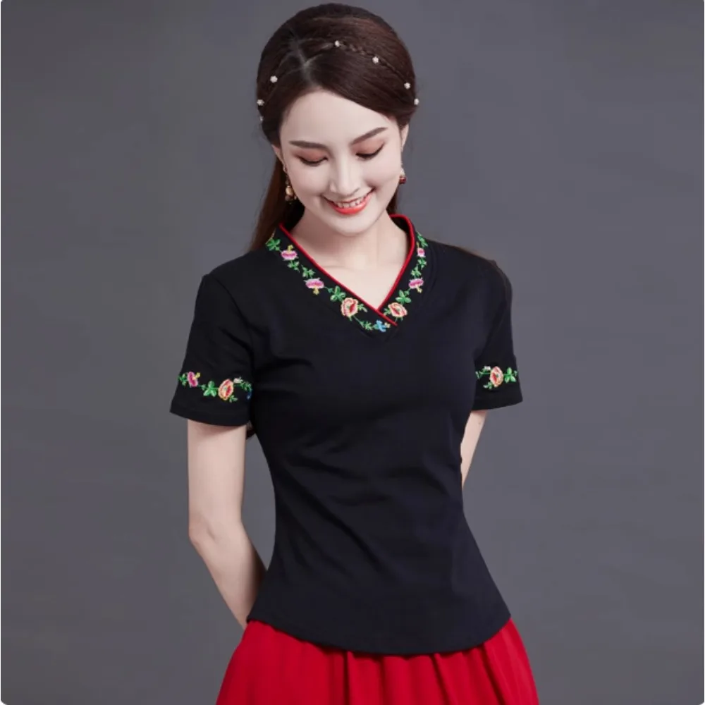 قميص صيني ملابس صينية تقليدية للنساء ملابس عصرية صيفية عتيقة على الطراز العرقي مطرزة من القطن Harajuku