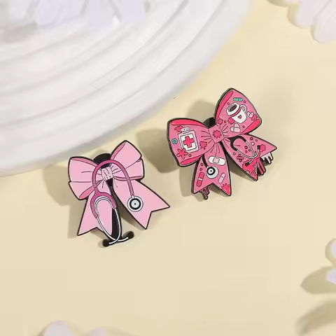 Doctor Nurse Stethoscope Enamel Pins Custom Pink Bow Brooches Lapel Badges Clothes Funny Jewelry Gift for Friends