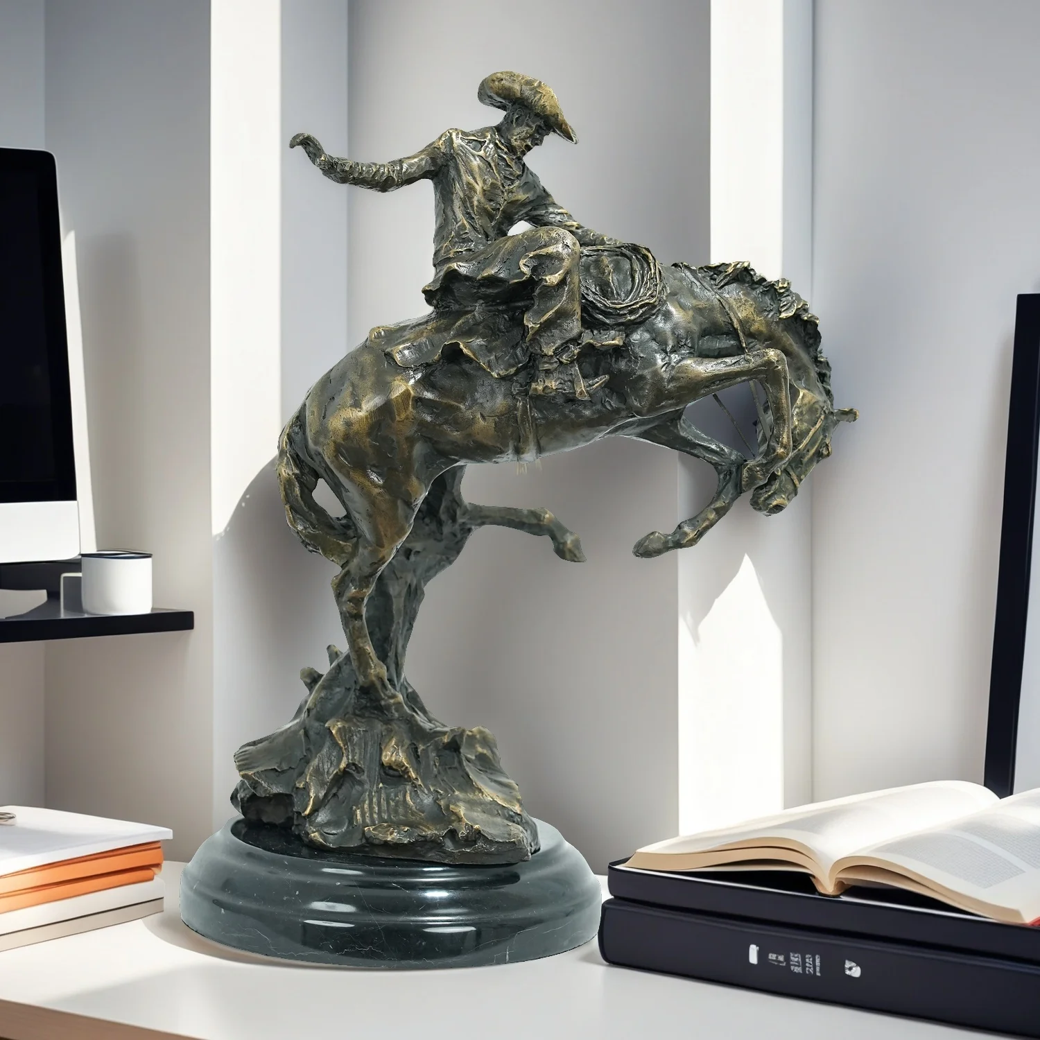 Western Art Bronze Cowboy on Horse Statue Inspired Famous Frederic Remington Cowboy Sculpture For Home Decor Collection Gift