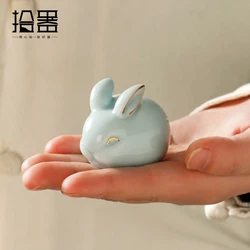 Ru Kiln open piece Jade Rabbit cute rabbit tea pet decoration piece boutique high-grade can raise ceramic tea play pen holder te