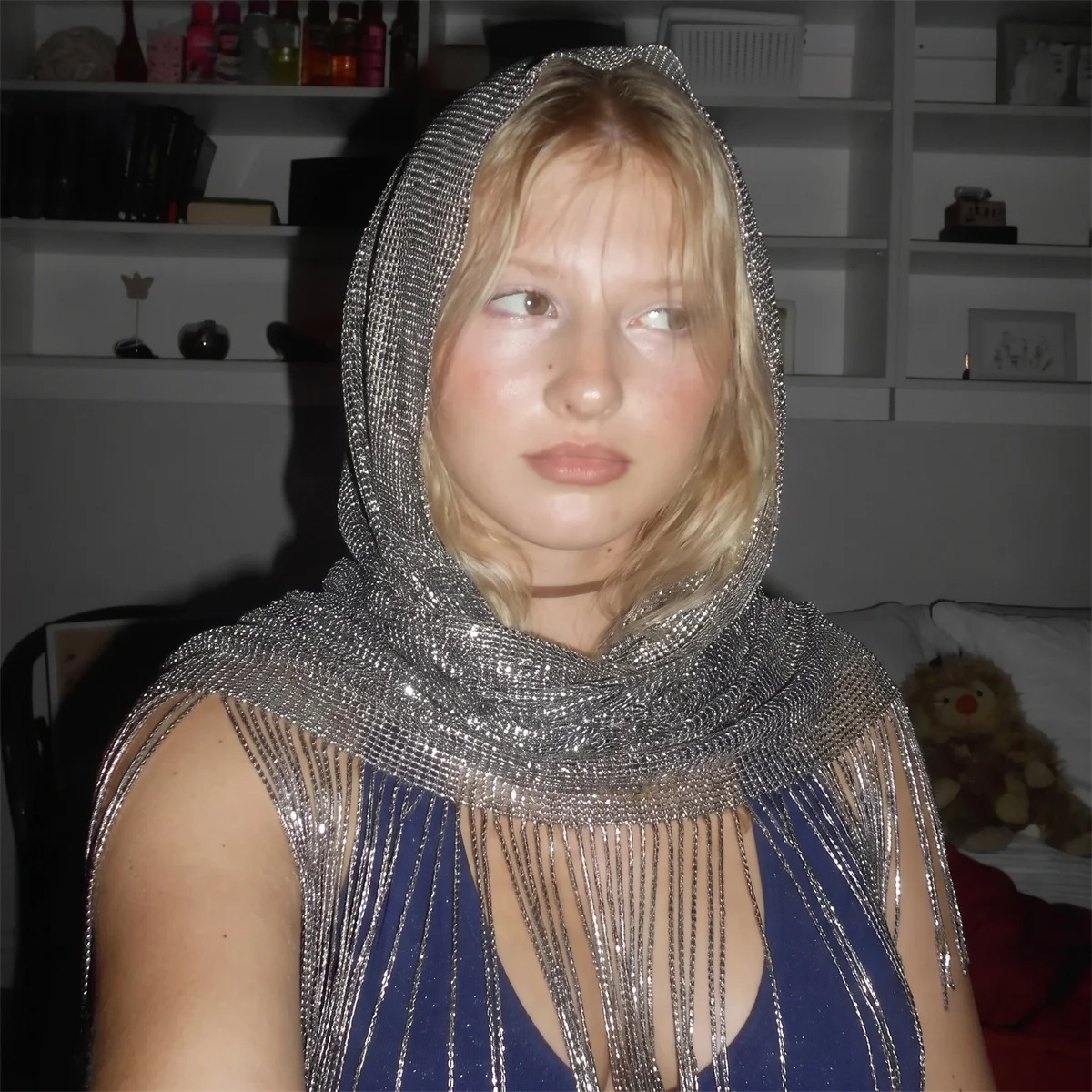 Y2K Sparkly Thread Solid Tassel Scarf Slim Neck Wrap Shiny Mesh Headband Shawl For Lady Rave Festival Street Night Out Outfit view 3