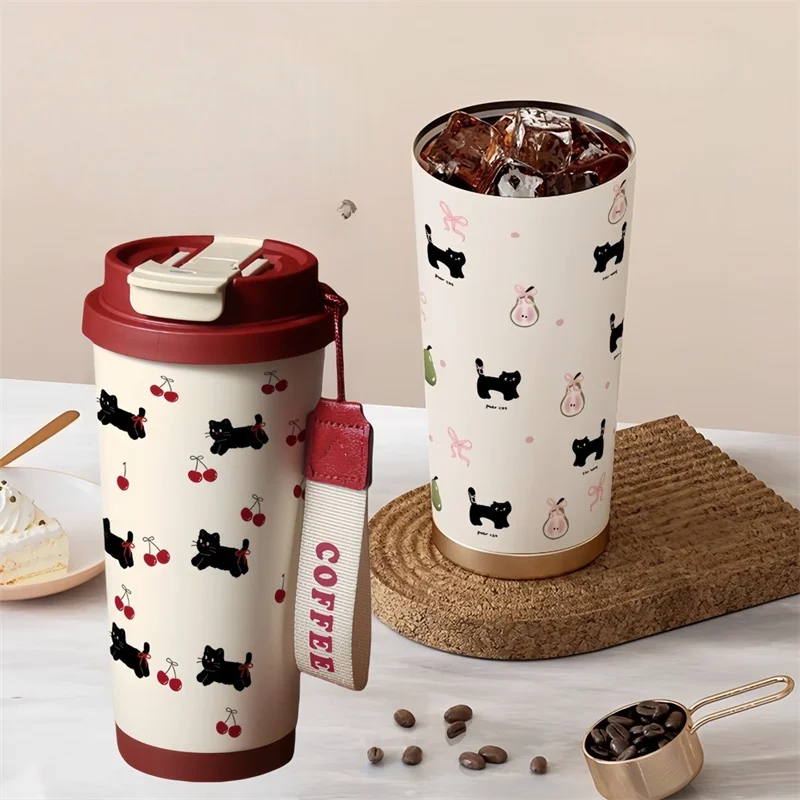 Floral Kitten Design 550ml Dual Drink Cup Large Capacity Portable 316 Water Bottle【Homeclub】