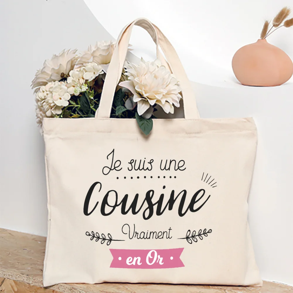 French Cousines Print Canvas Shoulder Bag Female Shopping Tote Women Travel Handbags Eco Reusable Storage Pouch Gifts for Cousin