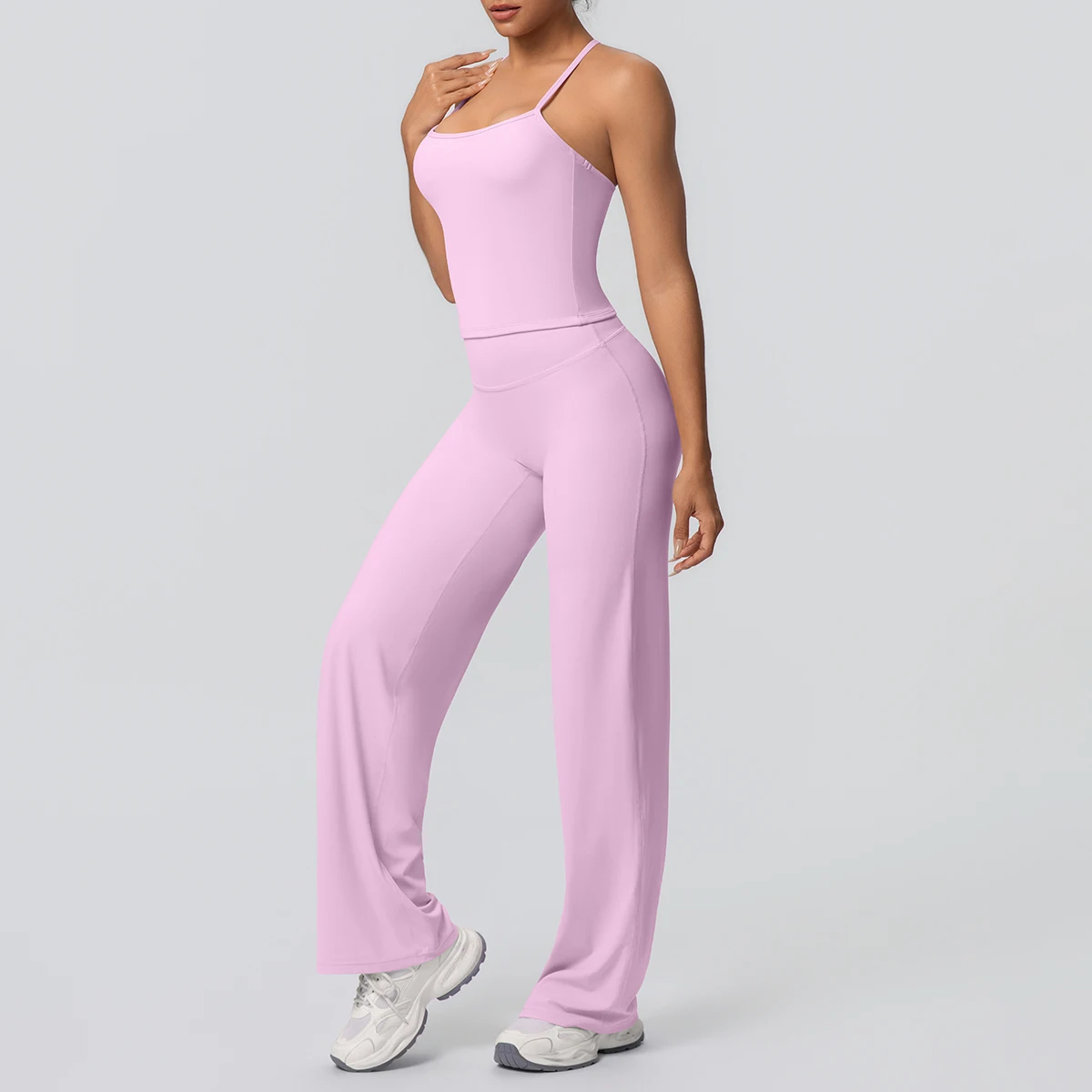 2Pieces Solid Color Gym Sports Yoga Set for Women Sexy Beautiful Back Strap Vest Workout Top Breathable Wide Leg Pants Yoga Suit