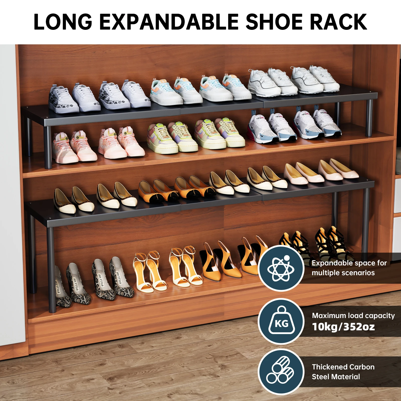 1Pc Shoe Rack Organizer with Layered Extension Panels for Multiple Pairs of Shoes, Adjustable Metal Divider Board, Space-Saving Bedroom Storage Shelf