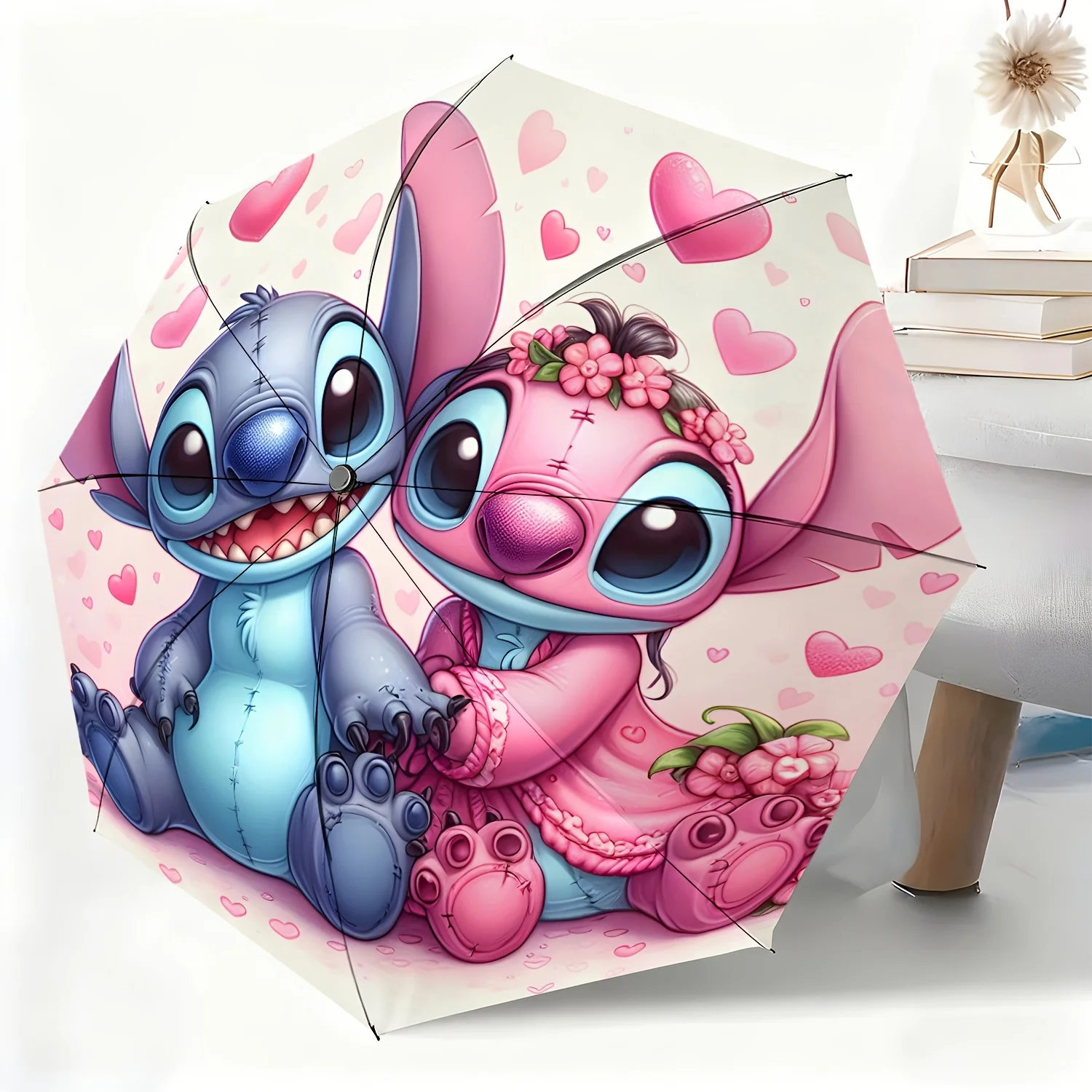 

Автоматический зонт с мультяшным дизайном Disney Stitch для пар, 1 шт., всепогодный складной зонт для любых случаев, портативный компактный зонт U-образной формы