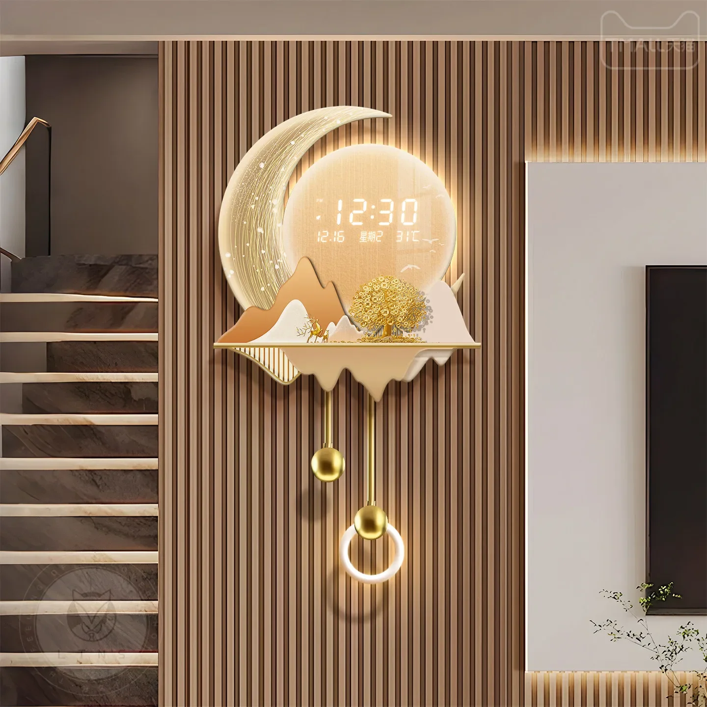 Modern Luxury Wall Clock Silent Quartz Moon Phase Calendar Design Art Decor Creative Living Room Dining Room Home Decoration
