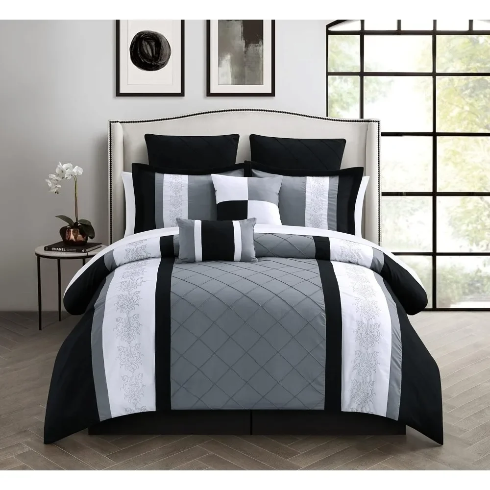 

Duvet Cover Set, Chic Home 8-Piece Embroidery Comforter Sets, Queen, Livingston Black, Duvet Cover Set