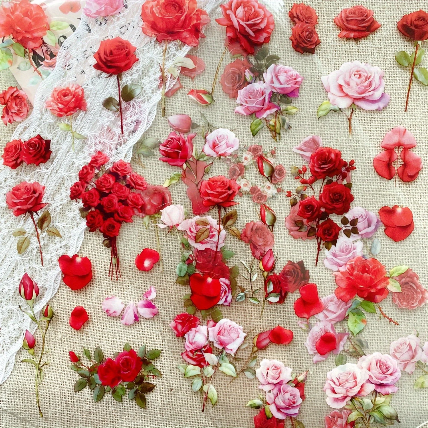 Journamm 6sheets Transparente Blumen-Aufkleber-Set, PET-Material für Scrapbook-Dekor, Junk-Journal, Collage, kreative DIY-Aufkleber