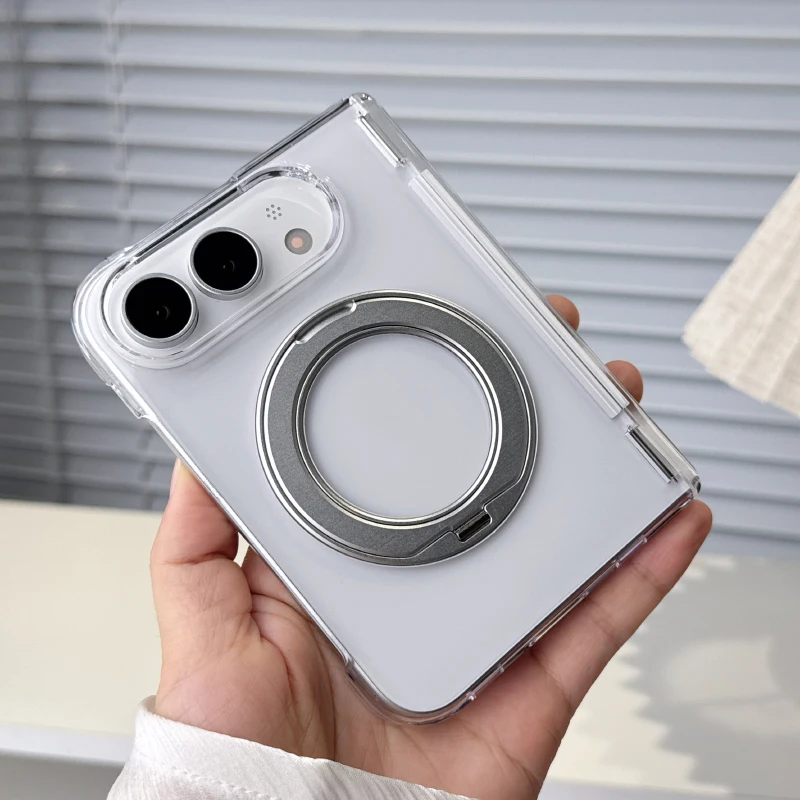 360°Rotating Metal Bracket Transparent Color Gradient Hard PC For Magsafe Magnetic Fold Phone Case for iPhone Duo Bumper Cover