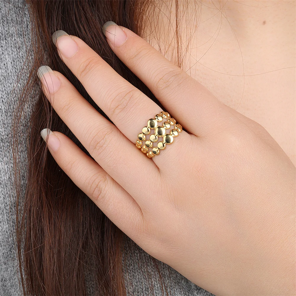 Simple Personalized Three-layer Fashion Stainless Steel Ring Women's Geometric Hollow Gold-plated Ring Jewelry