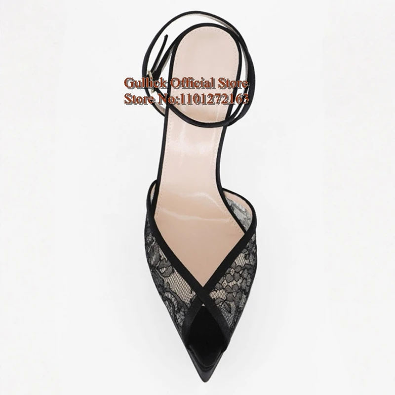 

Sexy Black Lace High Platform Heels Women Shoes Pointy Open Toe Ankle Strap Cutouts Stiletto High Heels Evening Club Dress Shoes