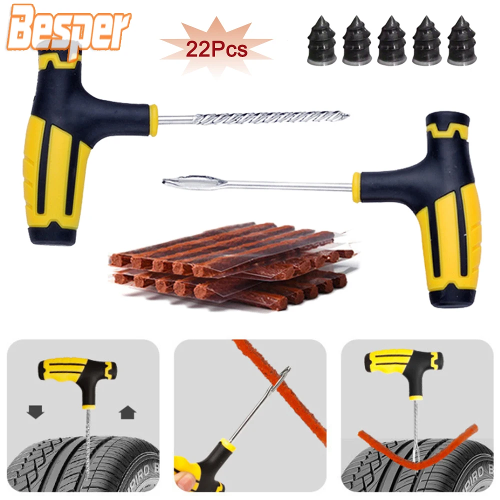 

22Pcs Car Tire Repair Tools Bike Tubeless Tire Rubber Bacon Strip And Puncture Plug Practical Hand Tools for Car Truck Motorbike
