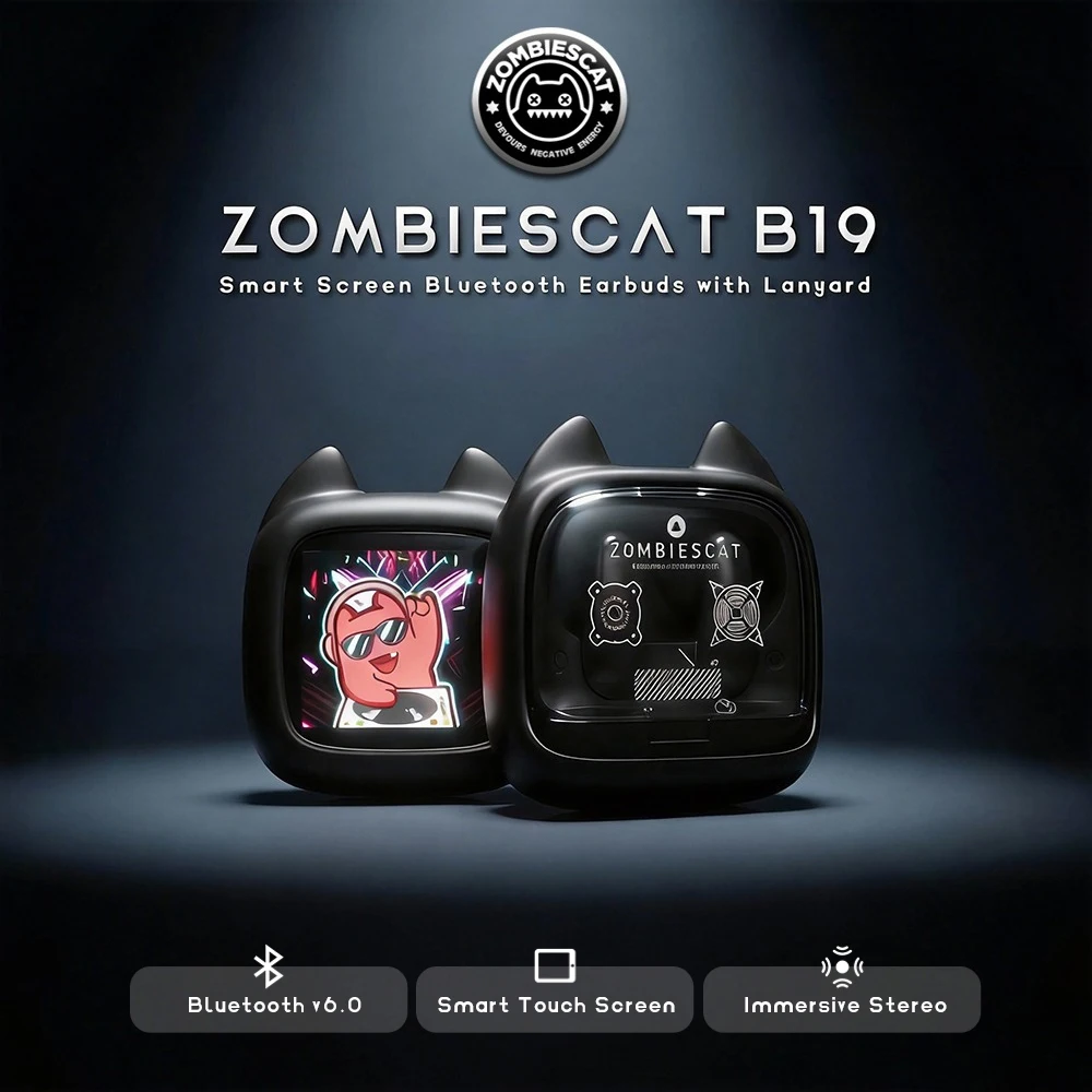 Zombies Cat B19 Smart Screen Earbuds Immersive Stereo Bluetooth 6.0 Headphones ENC Clear Call TWS Wireless Earphone with Lanyard