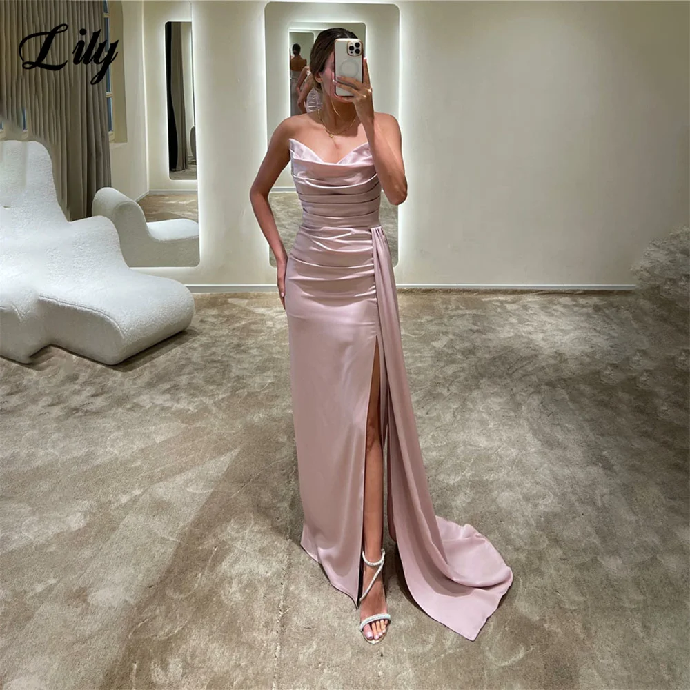 Lily Light Blue Strpless Evening Dress Pleat Charming Stain Prom Dress Side Split Mermaid Formal Dresses robe de bal Customized