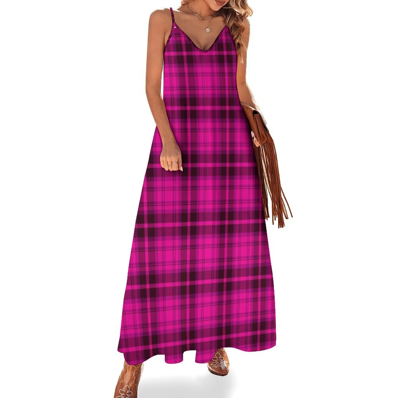 

Shocking Pink Tartan Plaid Pattern Sleeveless Long Dress Womens dresses Cocktail of dresses Dress