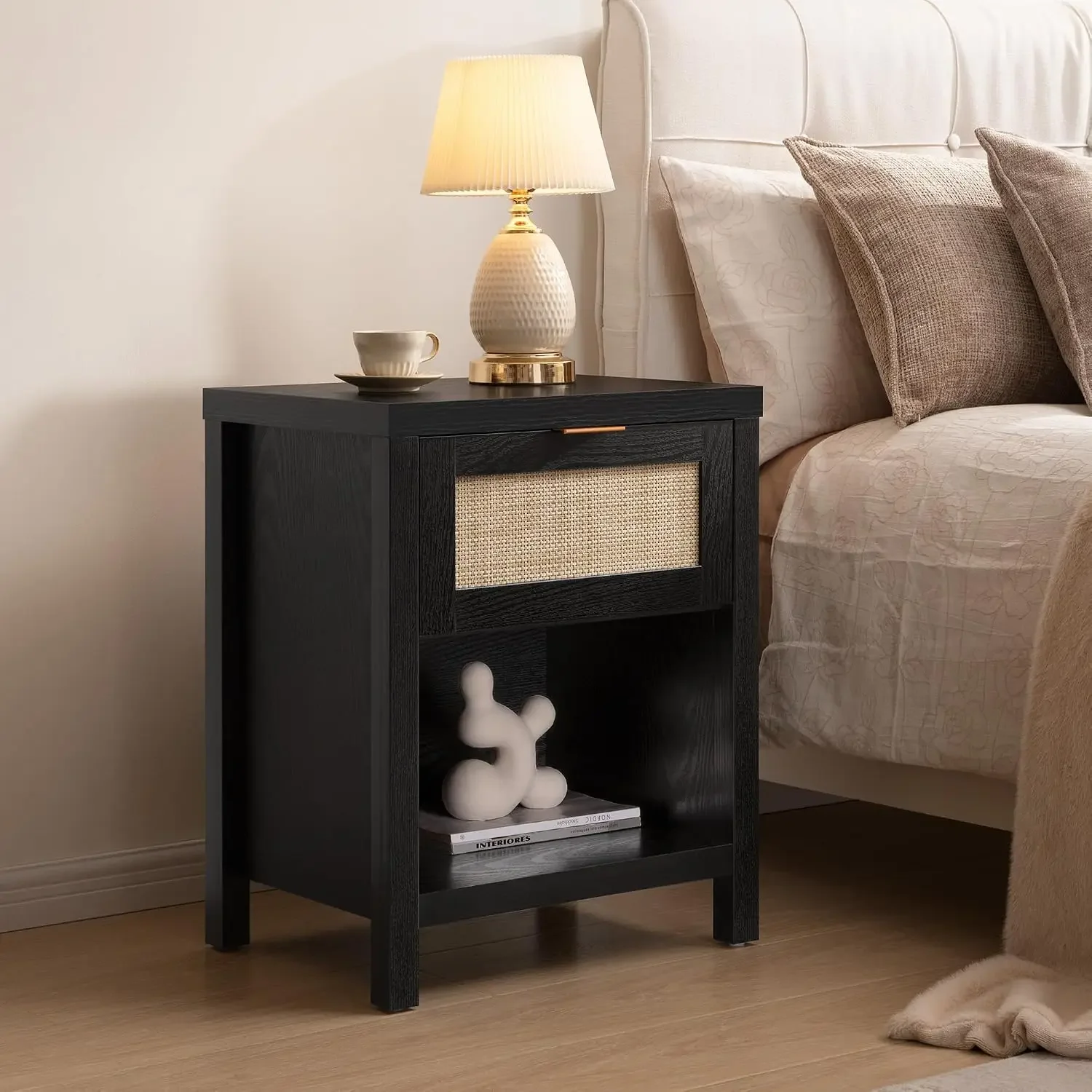 Black Rattan Nightstands Set of 2 with Drawer | Farmhouse Bedside Table with Storage, 19.7