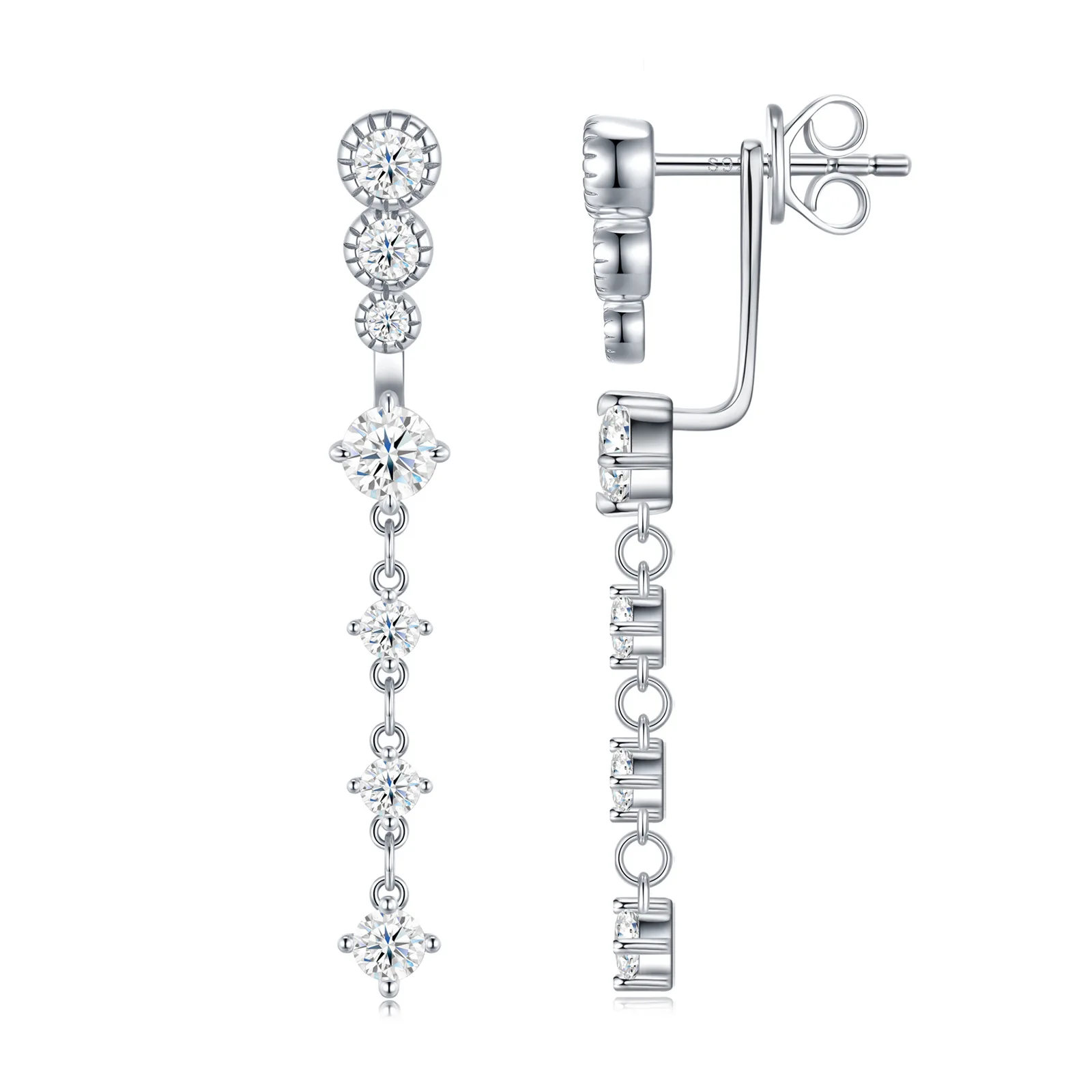 

D-Color Long 4mm Moissanite 14-Stone 2-in-1 Convertible Stud/Drop Earrings, Platinum Plated S925 Silver, Exquisite Fine Jewelry