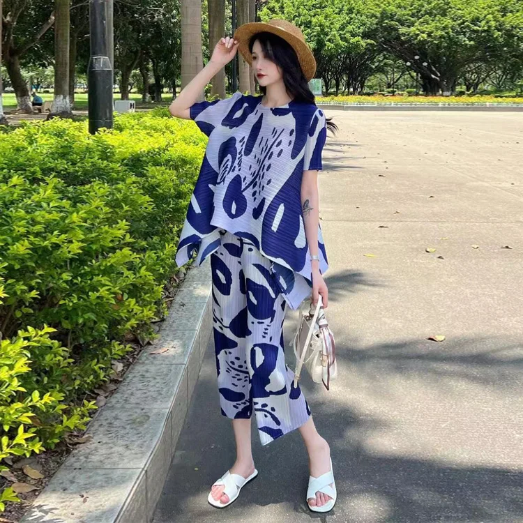 Plissado sênior sentido calças finas terno roupas femininas temperamento moda impressão elegante terno de duas peças 2025 verão novo