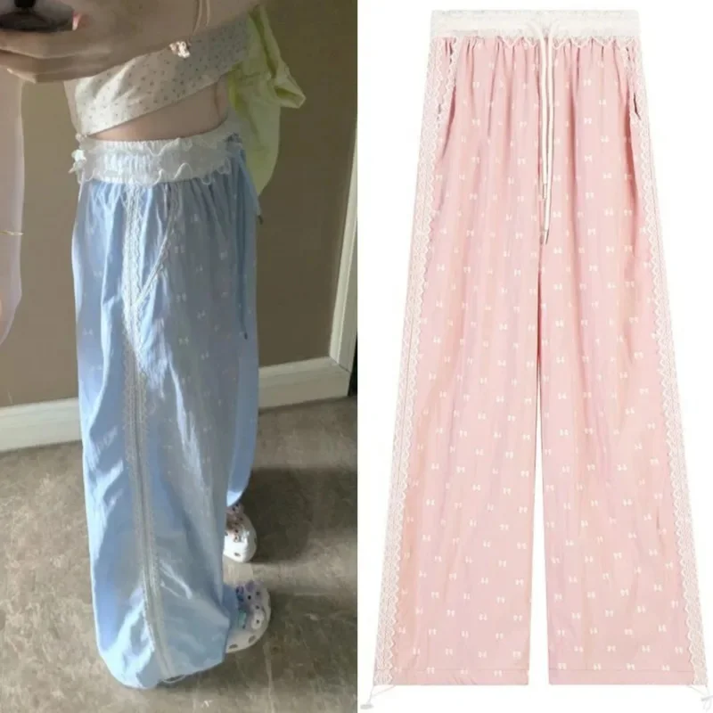 

Y2K Bow Pink Lace Edge Splicing Wide Leg Pants Women Korea Autumn Sweet Pocket Girl High Waist Casual Bow Loose Sports Pants New