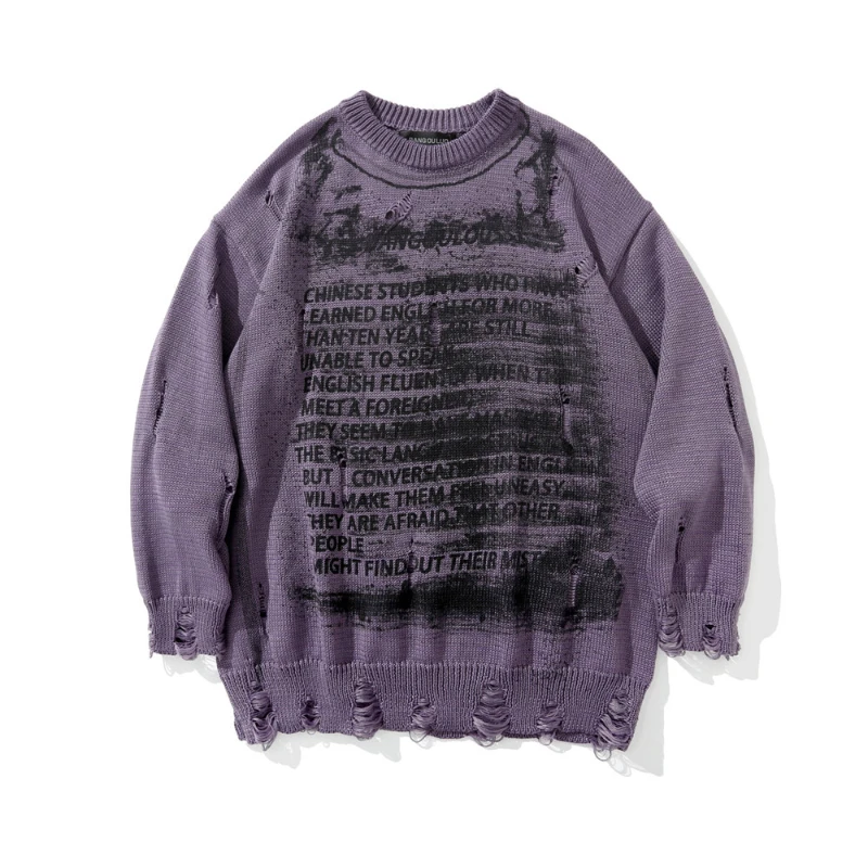 

Men Tattered Sweater Dark Black Letters Printed High Street Fasion Loose Comfortable Harajuku Round Neck Pullover Autumn Winter