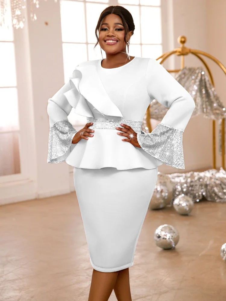 Church Dresses for Women Elegant Ruffles Long Flare Sleeves Sequined Party Bodycon Peplum Classy Occasion African Wedding Guest