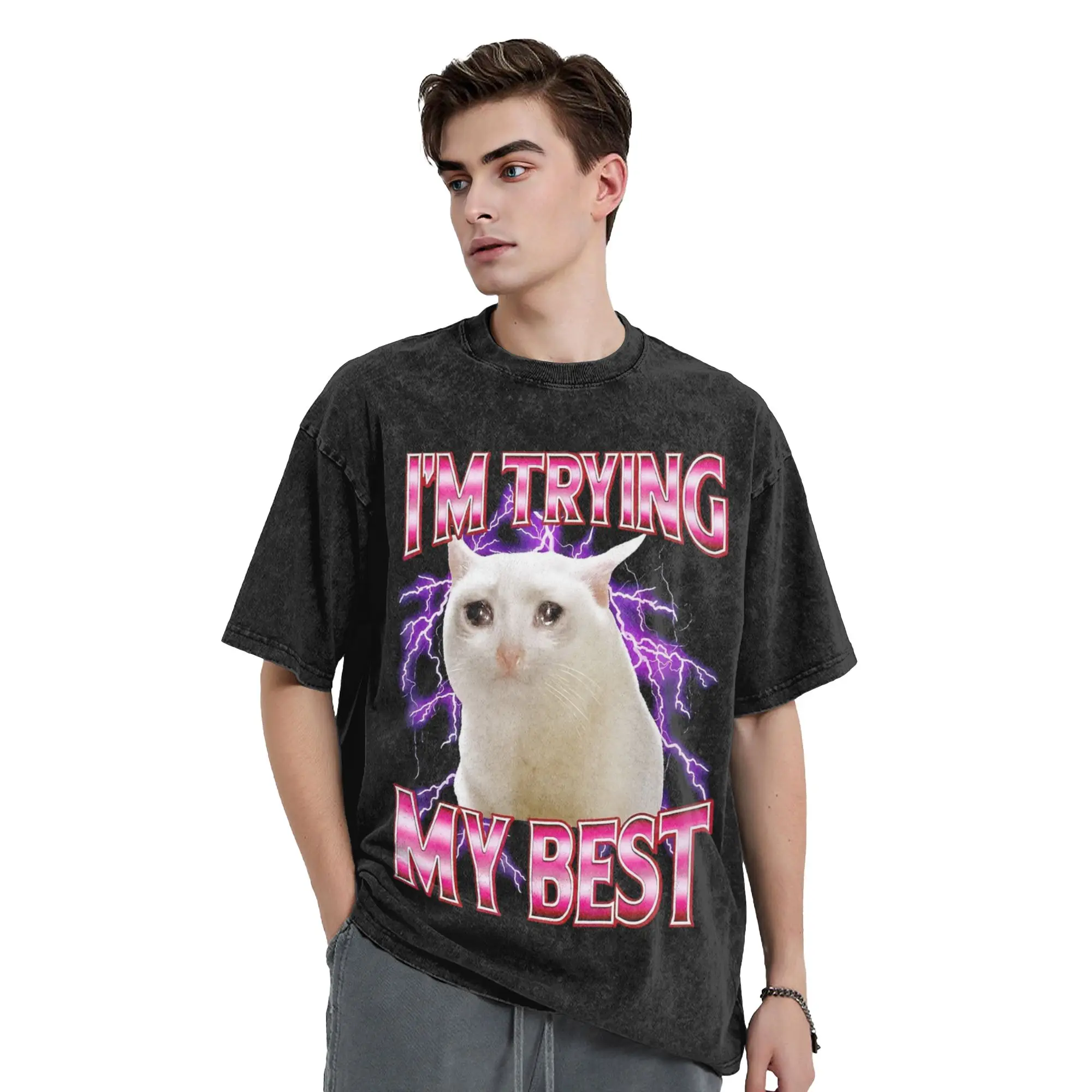 Washed T Shirts I'm Trying My Best Cat meme Hip Hop Vintage T-Shirts Harajuku Streetwear Summer Tops Tees Men Women