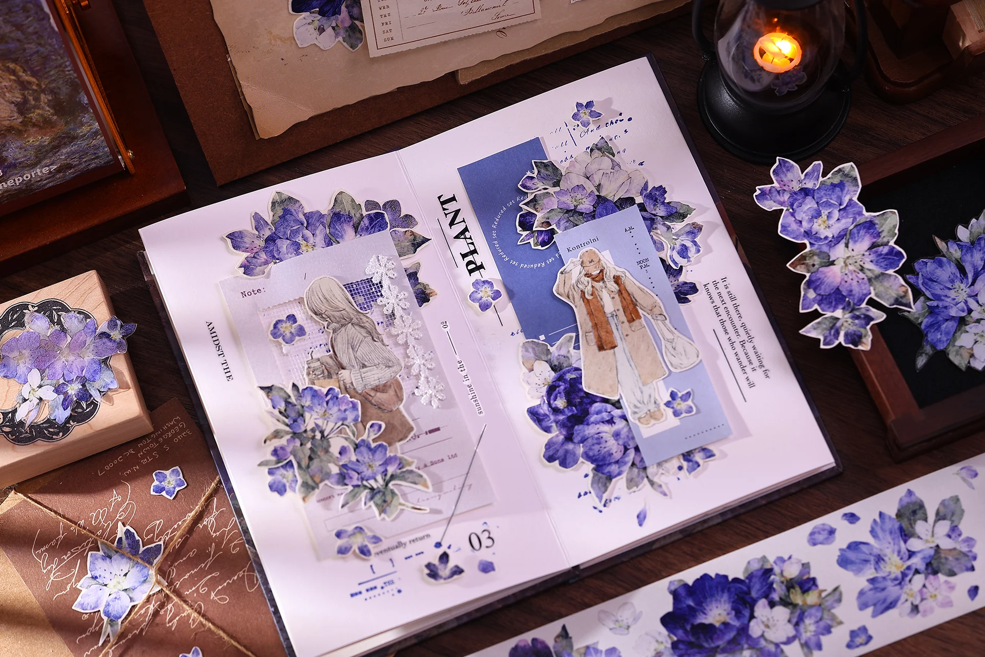 Xiaobai 1 Loop Sample Washi Pet Journal Tape, White Dreamy Free Wind Light Retro Salt Series Flower and Character Stickers