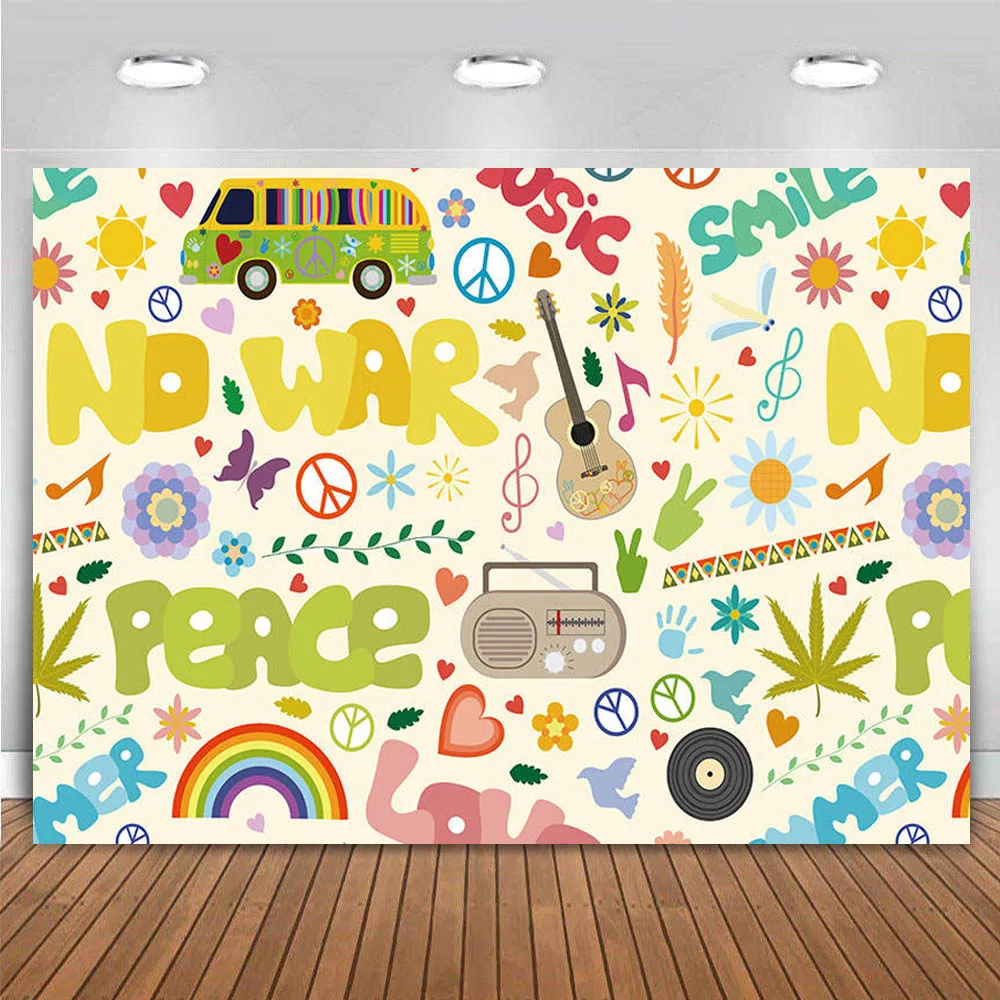 

Peace and Love Birthday Party Backdrop 60's 70's 80's Hippie Graffiti Banner Music Theme Photography Background Carnival Groovy