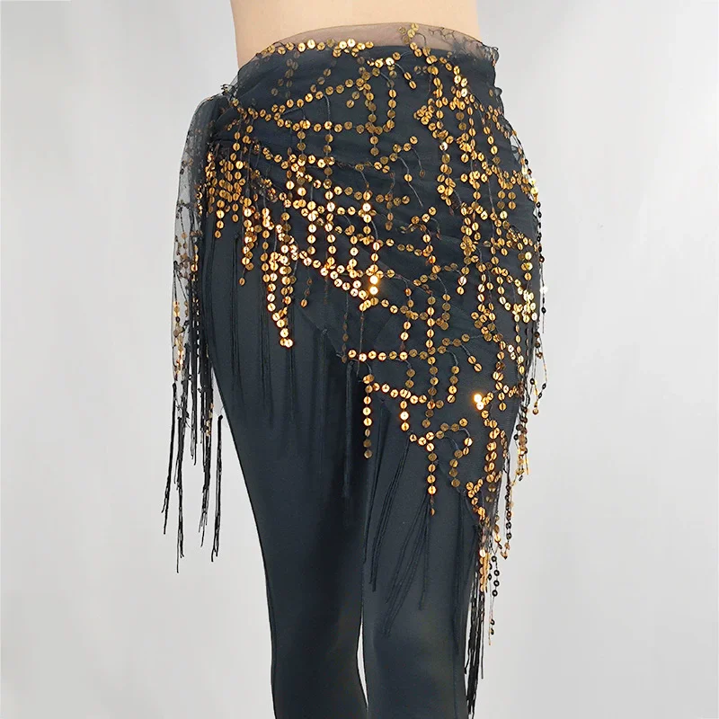 Bauchtanz-Hüfttuch mit Goldpailletten und Quasten, Dreieckiger Rock, Wickelgürtel für Festival, Rave-Party, Nachtclub-Auftritte, Kostüm für Frauen – Detail 10