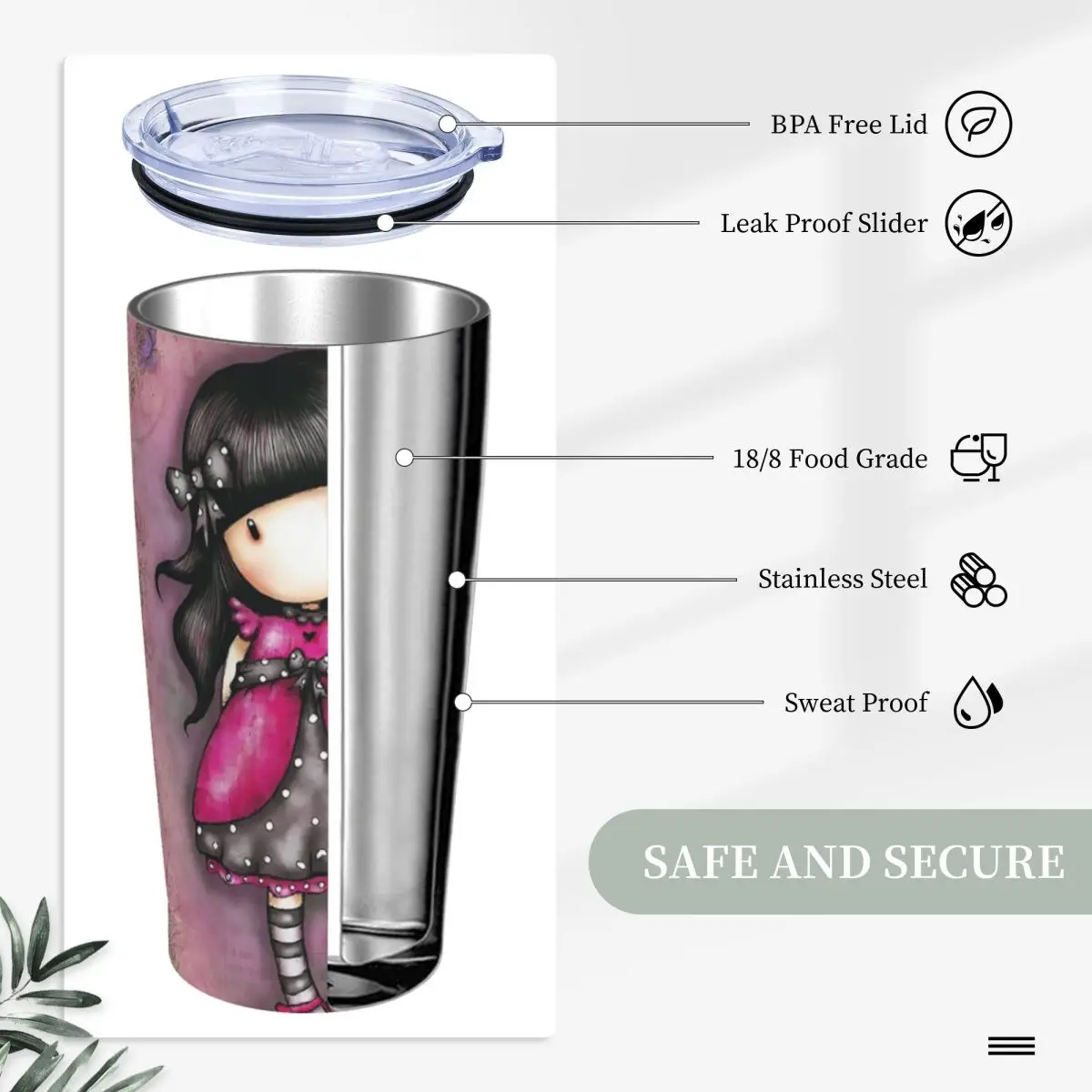 Pink Santoro Gorjuss Tumbler Vacuum Insulated Cartoon Coffee Cups Stainless Steel Office Home Mugs Spill Proof, 20oz