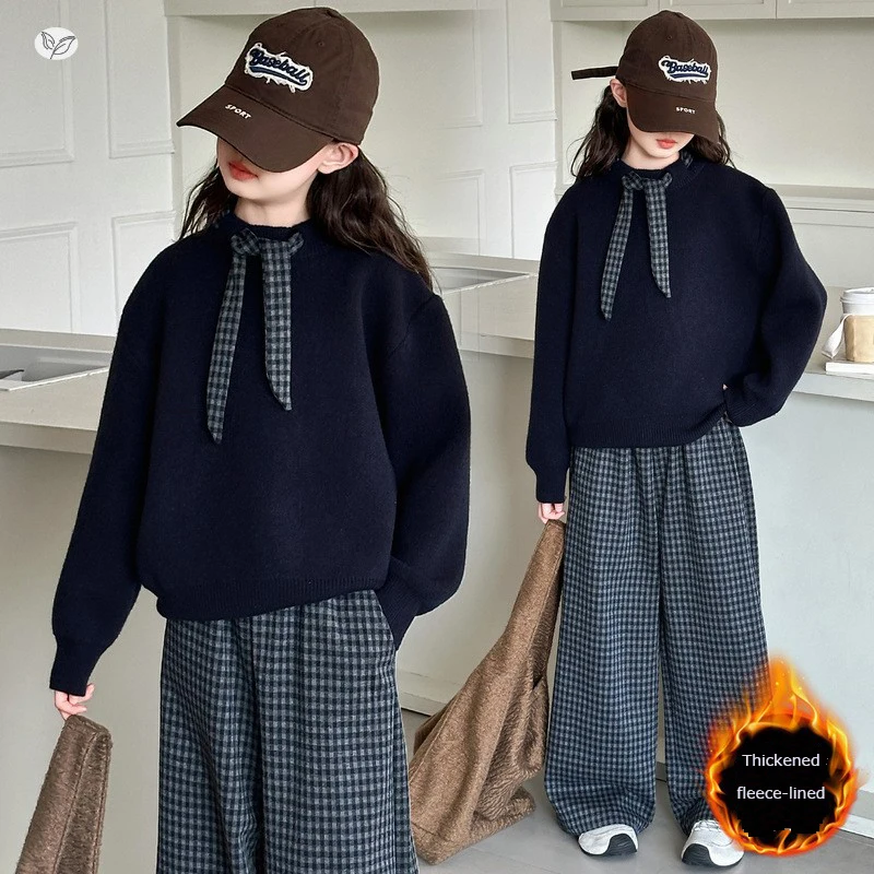 

Girls' Large Size Knitted Sweater with Checkered Collar Casual Autumn Winter 2025 Base Layer Knitwear for Kids