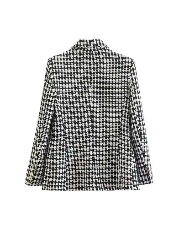 Moda feminina duplo breasted houndstooth blazer casaco vintage manga longa bolsos com aba feminino outerwear chique coletes
