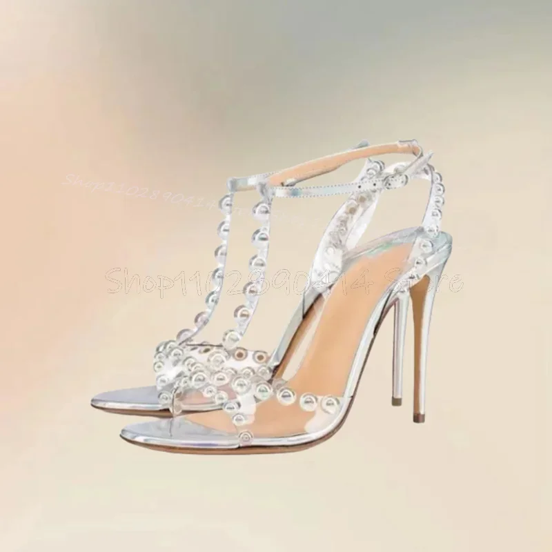 

Colorful Beads Decor T Strap Open Toe Sandals Ankle Buckle Strap Women Shoes Thin High Heels Fashion 2025 Zapatos Para Mujere