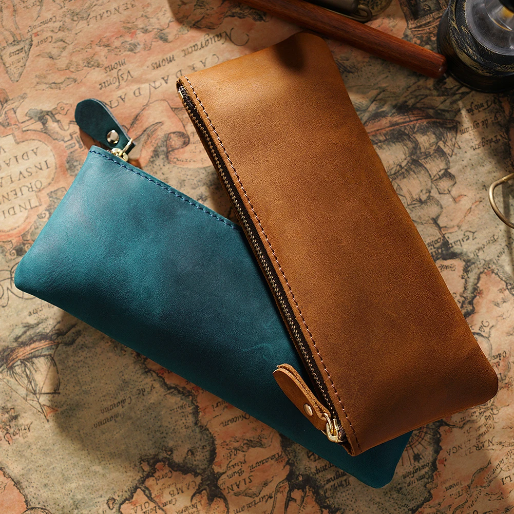 Vintage Genuine Leather Large Capacity Zipper Pencil Case, Handmade Stationery Organizer Bag, Patriotic Cow Design, 20x8x1.5cm