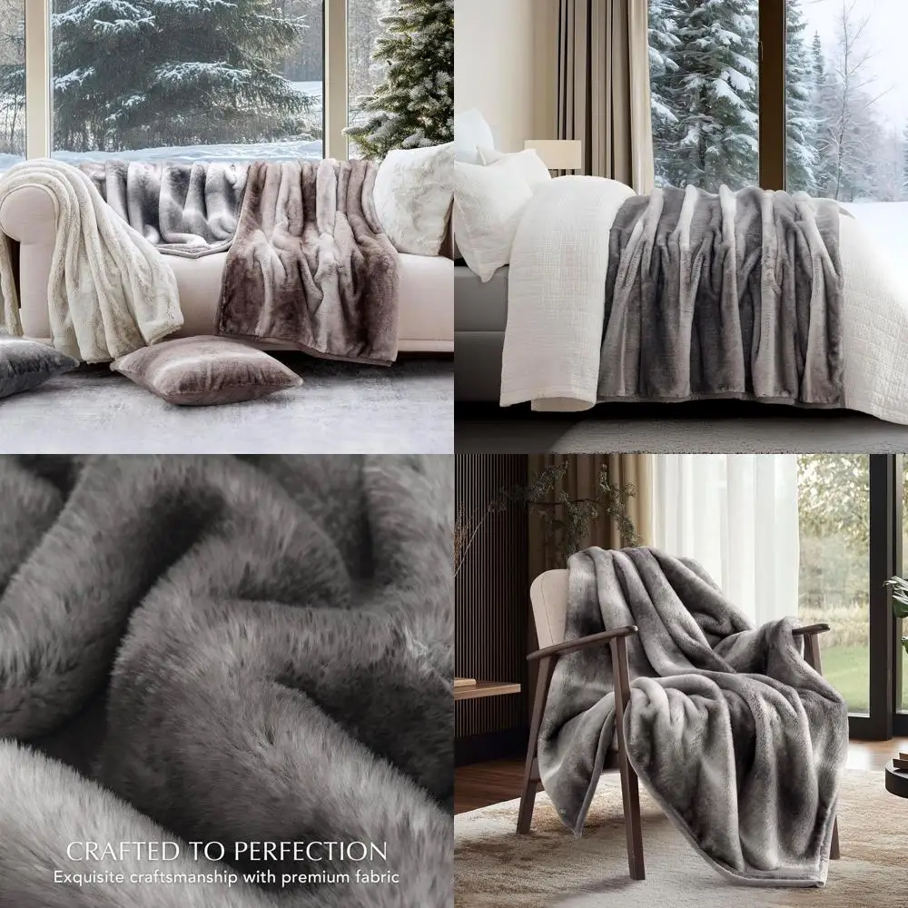 

Luxury Soft Mink Faux Fur Blanket, Cozy Reversible Throw for Winter, 60x80 Ombré Silver Onyx