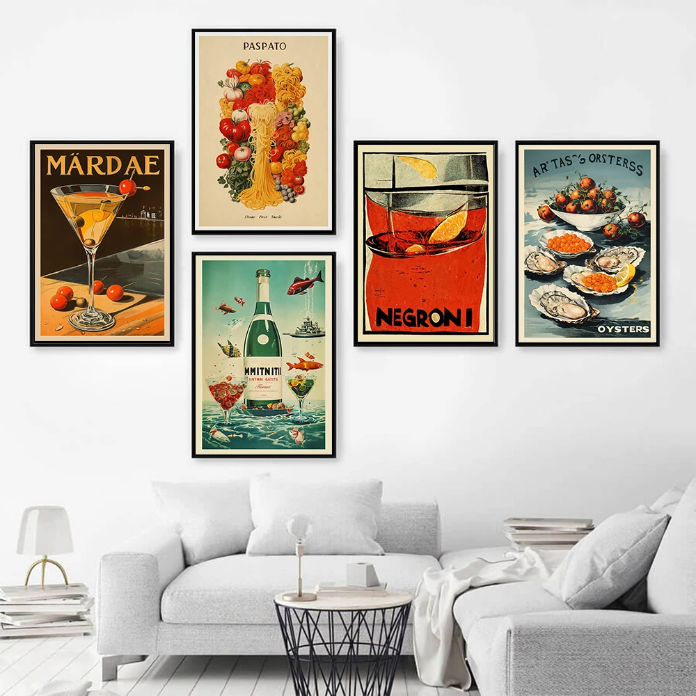 Martini Champagne Negroni Cocktail Vintage Oyster Pasta Posters Canvas Painting Alcohol Wall Art Bar Kitchen Living Room Decor