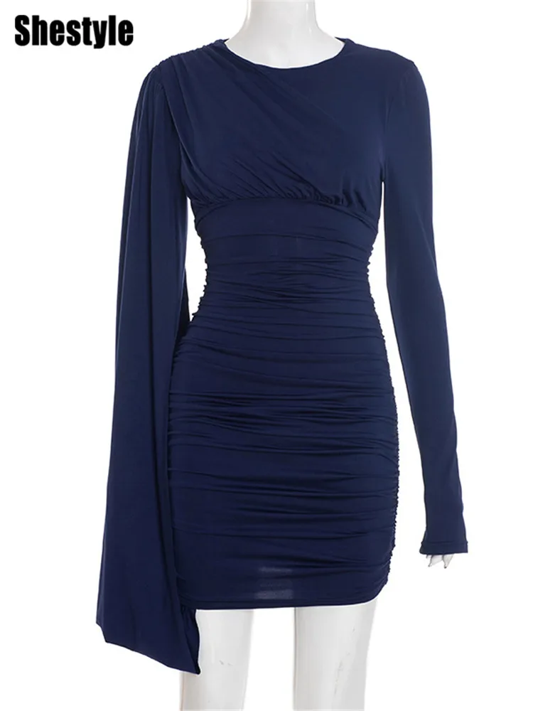 Shestyle azul marinho elegante bainha vestido feminino tripulação pescoço plissado magro bodycon stretchy recurso festa clube robe roupas de noite