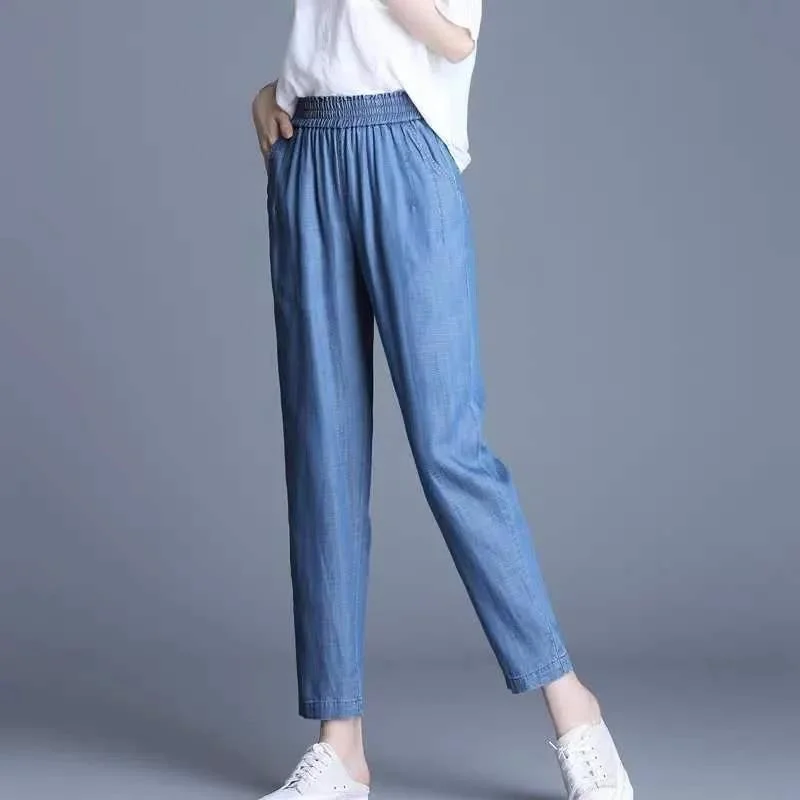 Korean Summer New Fashion Thin Jeans Solid Elastic High Waist Pocket Loose Everyday Versatile Straight Casual Harlan Pants 2023