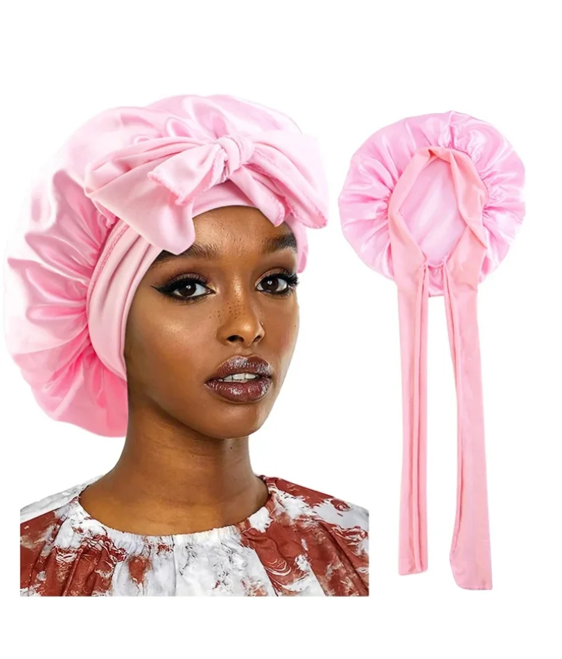 

New Satin Sleeping Cap For Women Solid Wide Band Stretch Head Tie Silky Bonnet Edge Wrap Nightcap Hair Care Shower Head Cover